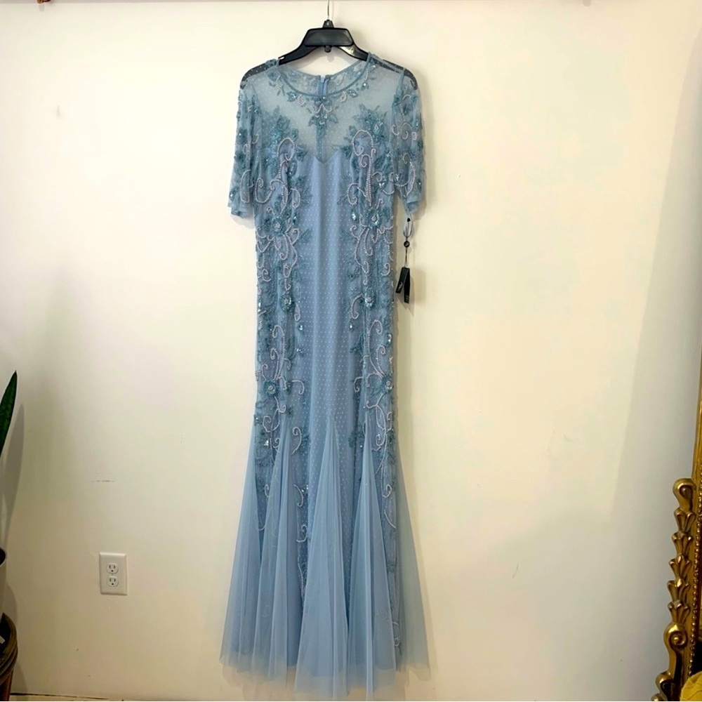 NWT Adrianna Papell HAND Beaded Godet Gown in Elegant Sky Sz 8